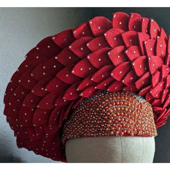 Vtg George Zamaul Couture Glamour Hat Red Rhinestone African Nigerian Beaded main image 4